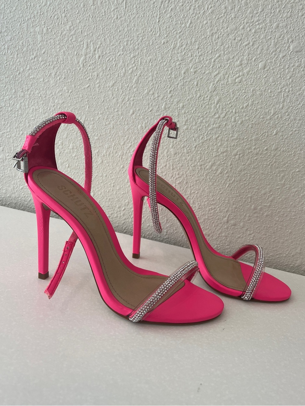 SCHUTZ Neon Pink Rhinestone Ankle-Strap Stiletto Sandals